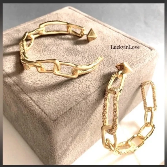 ALEXIS BITTAR NEW Gold Textured Crystal Custom Sculpted Chain Link Hoop Earrings - Picture 8 of 15